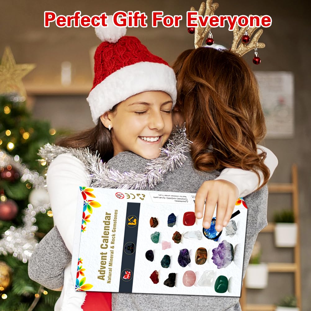 Advent Calendar 2025, Crystals and Healing Stones Christmas Countdown Calendar Natural Chakra Gemstones Set with Crystal Necklac